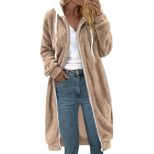 Fleecejacke Damen Lang Große Größen, Dicke Gefüttert Teddyfleece Jacke mit Kapuze Teddyjacke Flauschig Plüschjacke mit Reißverschluss und Taschen Kuscheljacke Frauen Winterjacke Cardigan Outwear von Chanpning