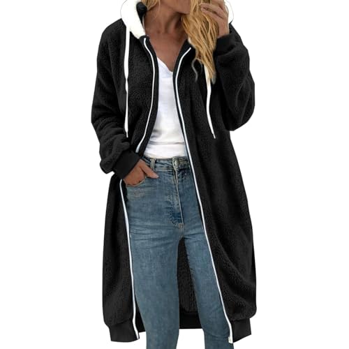 Fleecejacke Damen Lang Große Größen, Dicke Gefüttert Teddyfleece Jacke mit Kapuze Teddyjacke Flauschig Plüschjacke mit Reißverschluss und Taschen Kuscheljacke Frauen Winterjacke Cardigan Outwear von Chanpning