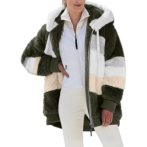 Fleecejacke Damen Lang mit Kapuze, Causal Fleecemantel Locker Nerzmantel Loose Übergangsmantel Plüsch Fleecemantel Mode Wollmäntel Angenehm Weich Winterjacke Kunstfell Wollmantel Langarm Steppmantel von Chanpning