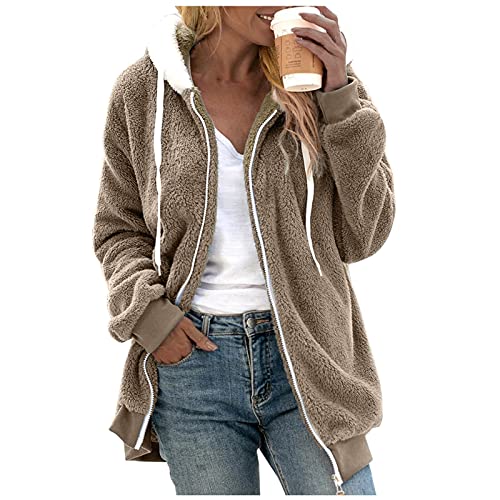 Fleecejacke Damen Oversized Warm Hoodie Plüschjacke mit Reißverschluss Kapuzenjacke Elegant Winterjacke Teddy Fleece Zip up Sweatshirt Herbst Winter Kapuzenpullover Mantel Jacke Oberteile Pullover von Chanpning