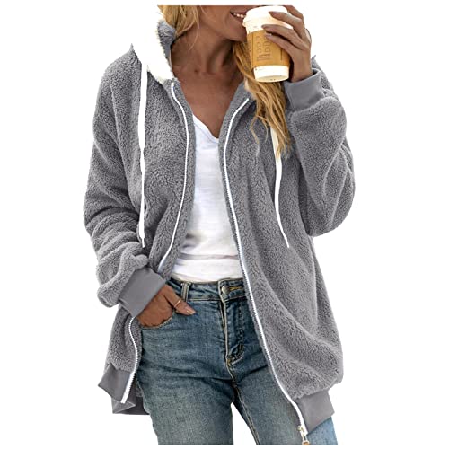 Fleecejacke Damen Oversized Warm Hoodie Plüschjacke mit Reißverschluss Kapuzenjacke Elegant Winterjacke Teddy Fleece Zip up Sweatshirt Herbst Winter Kapuzenpullover Mantel Jacke Oberteile Pullover von Chanpning