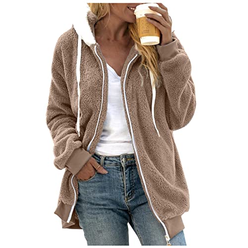 Fleecejacke Damen Oversized Warm Hoodie Plüschjacke mit Reißverschluss Kapuzenjacke Elegant Winterjacke Teddy Fleece Zip up Sweatshirt Herbst Winter Kapuzenpullover Mantel Jacke Oberteile Pullover von Chanpning