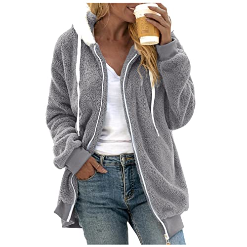 Fleecejacke Damen mit Kapuze Angenehm Weich Hoodie Baggy Outwear Thermal Langarmshirt Herbst Winter Outdoorjacke mit Taschen Kuschelpulli Oversize Kapuzenpullover Flauschig Teddyjacke Basic Sweatjacke von Chanpning