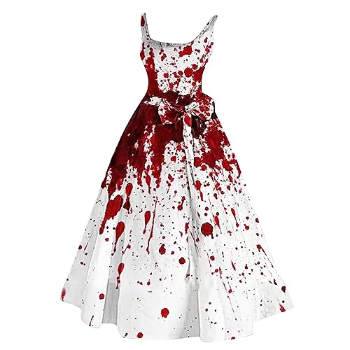 Halloween Kostüm Damen Kleid mit Blutigem Aufdruck Mittelalter Kleider Lässig Party Cocktailkleid Ärmelloser Sexy Kleider Rundhalsausschnitt Halloween-Kostüm Festkleid Damenkleid Partykleider, Midi, L von Chanpning