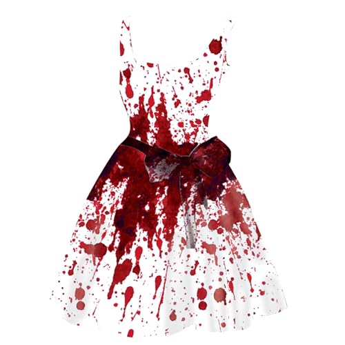 Halloween Kostüm Damen Kleid mit Blutigem Aufdruck Mittelalter Kleider Lässig Party Cocktailkleid Ärmelloser Sexy Kleider Rundhalsausschnitt Halloween-Kostüm Festkleid Damenkleid Partykleider von Chanpning