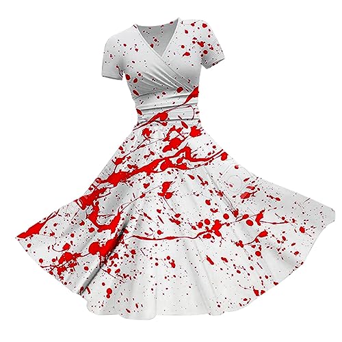 Halloween Kostüm Damen Kleid mit Blutigem Aufdruck Mittelalter Kleider Lässig Party Cocktailkleid Ärmelloser Sexy Kleider Rundhalsausschnitt Halloween-Kostüm Festkleid Damenkleid Partykleider von Chanpning