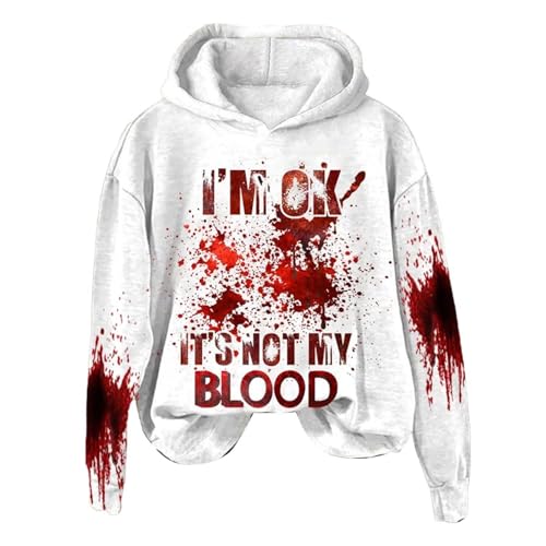 Hoodie Damen Halloween, I'm Ok It's Not My Blood Bedrucktes Lässiges Langarm-Sweatshirt, Weiches Bedrucktes Hemd, Damen-Winter-Sweatshirt-Oberteil Y2k Hoodies Sweatjacke Halloween Kostüm Kapuzenjacke von Chanpning