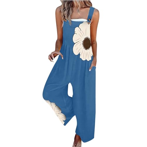Jumpsuit Damen Sommer Lang Latzhose Blumenmuster Overalls Casual Lose Playsuit Weites Bein Romper mit Taschen Sommeroverall Leicht Sommerhose Einfarbig Bequem Ärmellos Playsuit Arbeitshose S-2XL von Chanpning