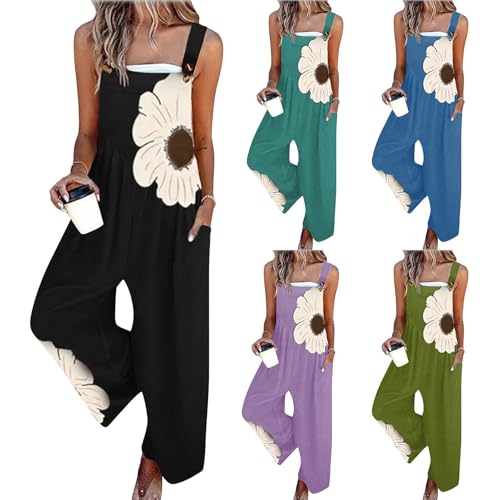 Jumpsuit Damen Sommer Lang Latzhose Blumenmuster Overalls Casual Lose Playsuit Weites Bein Romper mit Taschen Sommeroverall Leicht Sommerhose Einfarbig Bequem Ärmellos Playsuit Arbeitshose S-2XL von Chanpning