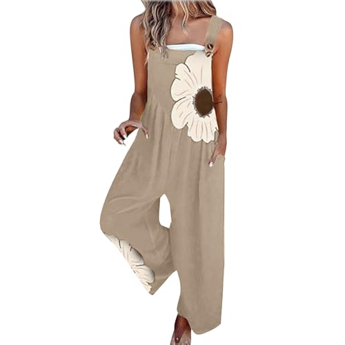 Jumpsuit Damen Sommer Lang Latzhose Blumenmuster Overalls Casual Lose Playsuit Weites Bein Romper mit Taschen Sommeroverall Leicht Sommerhose Einfarbig Bequem Ärmellos Playsuit Arbeitshose S-2XL von Chanpning