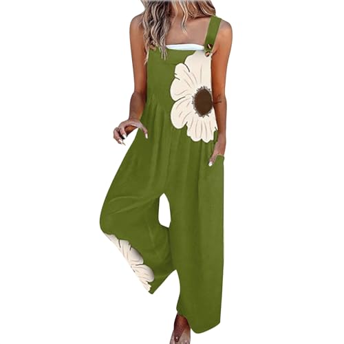 Jumpsuit Damen Sommer Lang Latzhose Blumenmuster Overalls Casual Lose Playsuit Weites Bein Romper mit Taschen Sommeroverall Leicht Sommerhose Einfarbig Bequem Ärmellos Playsuit Arbeitshose S-2XL von Chanpning