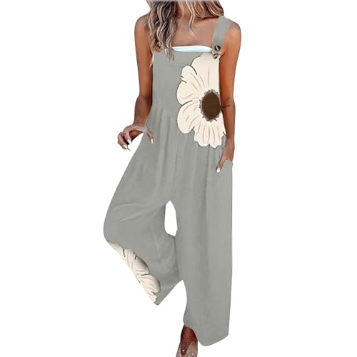 Jumpsuit Damen Sommer Lang Latzhose Blumenmuster Overalls Casual Lose Playsuit Weites Bein Romper mit Taschen Sommeroverall Leicht Sommerhose Einfarbig Bequem Ärmellos Playsuit Arbeitshose S-2XL von Chanpning
