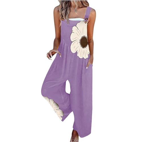 Jumpsuit Damen Sommer Lang Latzhose Blumenmuster Overalls Casual Lose Playsuit Weites Bein Romper mit Taschen Sommeroverall Leicht Sommerhose Einfarbig Bequem Ärmellos Playsuit Arbeitshose S-2XL von Chanpning