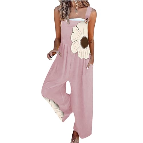 Jumpsuit Damen Sommer Lang Latzhose Blumenmuster Overalls Casual Lose Playsuit Weites Bein Romper mit Taschen Sommeroverall Leicht Sommerhose Einfarbig Bequem Ärmellos Playsuit Arbeitshose S-2XL von Chanpning