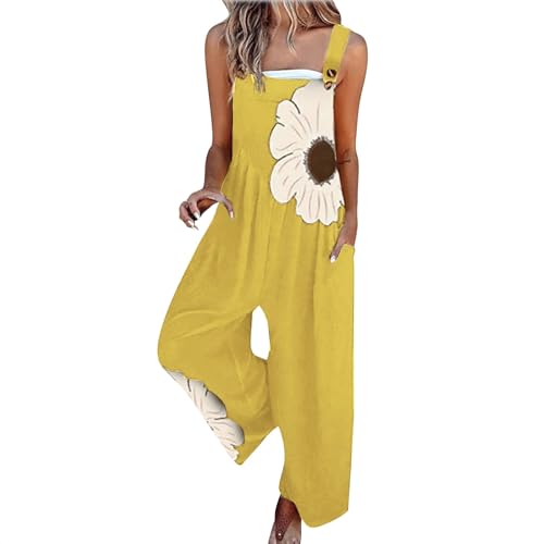 Jumpsuit Damen Sommer Lang Latzhose Blumenmuster Overalls Casual Lose Playsuit Weites Bein Romper mit Taschen Sommeroverall Leicht Sommerhose Einfarbig Bequem Ärmellos Playsuit Arbeitshose S-2XL von Chanpning
