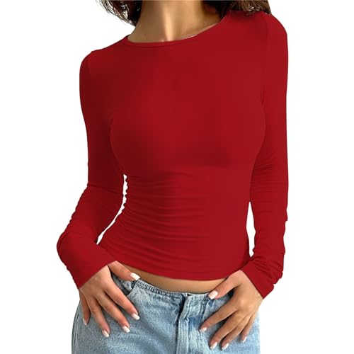 Langarmshirt Damen Skims, Crop Tops Langarm Y2K Top Rundhals Shirt Einfarbig Oberteile Basic Cropped Tshirt Casual Athletisches Blusen Teenager Streetwear Slim Fit Enges Clothes Stockholm Style von Chanpning