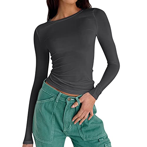 Langarmshirt Damen Skims, Crop Tops Langarm Y2K Top Rundhals Shirt Einfarbig Oberteile Basic Cropped Tshirt Casual Athletisches Blusen Teenager Streetwear Slim Fit Enges Clothes Stockholm Style von Chanpning