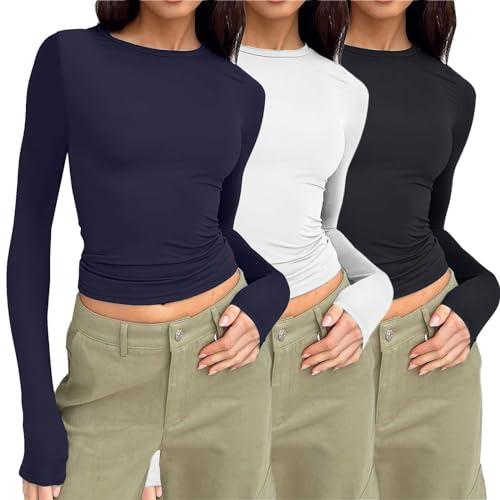 Langarmshirt Damen Skims, Crop Tops Langarm Y2K Top Rundhals Shirt Einfarbig Oberteile Basic Cropped Tshirt Casual Athletisches Blusen Teenager Streetwear Slim Fit Enges Clothes Stockholm Style von Chanpning