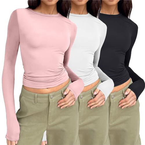 Langarmshirt Damen Skims, Crop Tops Langarm Y2K Top Rundhals Shirt Einfarbig Oberteile Basic Cropped Tshirt Casual Athletisches Blusen Teenager Streetwear Slim Fit Enges Clothes Stockholm Style von Chanpning