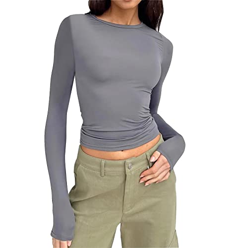 Langarmshirt Damen Skims, Crop Tops Langarm Y2K Top Rundhals Shirt Einfarbig Oberteile Basic Cropped Tshirt Casual Athletisches Blusen Teenager Streetwear Slim Fit Enges Clothes Stockholm Style von Chanpning