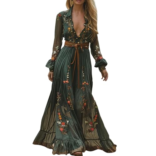 Maxikleider Damen Sommer Lang Boho Kleid Vintage Rustikaler Stil Maxikleid V-Ausschnitt Kleider mit Blumenmuster Freizeitkleid Langarm Blumenkleid Western Country Chiffonkleid Westernkleid von Chanpning
