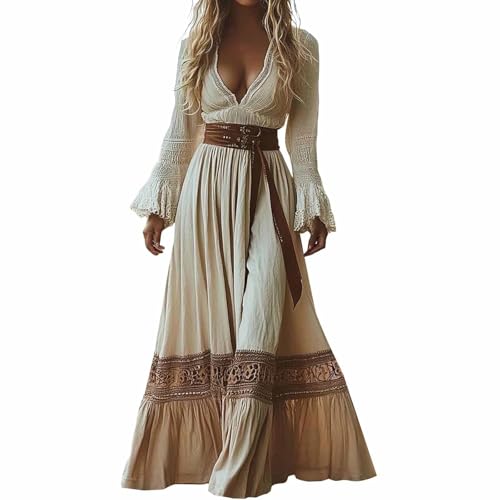 Maxikleider Damen Sommer Lang Boho Kleid Vintage Rustikaler Stil Maxikleid V-Ausschnitt Kleider mit Blumenmuster Freizeitkleid Langarm Blumenkleid Western Country Chiffonkleid Westernkleid von Chanpning