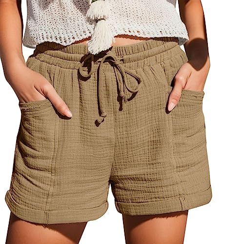 Shorts Damen Sommer Mode Lässige Musselin Hose mit Hoher Taille Gerades Bein Sport Lässige Lockere Shorts mit Kordelzug Kurze Hose mit Taschen Gummiband Freizeit Shorts Elastische Stoffhose Chino von Chanpning