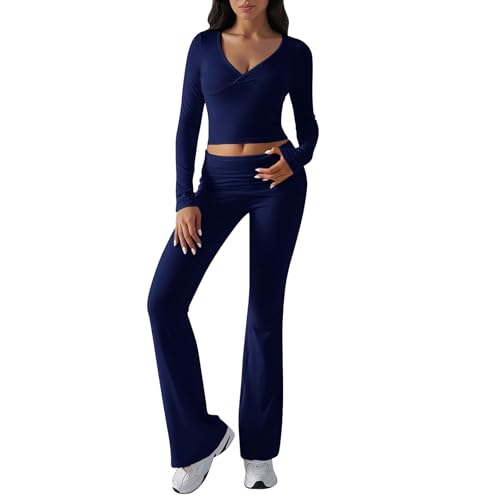 Sport Set Damen Gym Workout Set Lang Sportset Outfit Fitness Set Langarm Rückenfrei Oberteil Scrunch Leggings 2-Teilig Passende Workout-Sets Bauchfreies Oberteil Umklappbare Yogahose Lässige Outfits von Chanpning