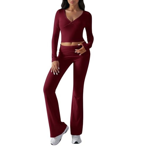 Sport Set Damen Gym Workout Set Lang Sportset Outfit Fitness Set Langarm Rückenfrei Oberteil Scrunch Leggings 2-Teilig Passende Workout-Sets Bauchfreies Oberteil Umklappbare Yogahose Lässige Outfits von Chanpning
