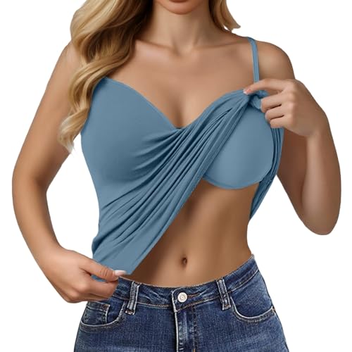 Tanktop mit Integriertem BH Damen Sportshirt mit Cups Verstellbarer Unterhemden ohne Bügel Tshirt Breiter Riemen Camisole Tank Top Basic Top V-Ausschnitt Trägertop Slim Fit Shirts Cami Unterhemd von Chanpning