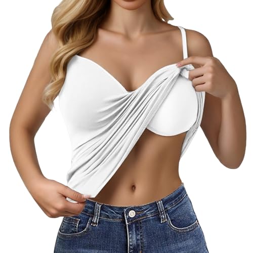 Tanktop mit Integriertem BH Damen Sportshirt mit Cups Verstellbarer Unterhemden ohne Bügel Tshirt Breiter Riemen Camisole Tank Top Basic Top V-Ausschnitt Trägertop Slim Fit Shirts Cami Unterhemd von Chanpning
