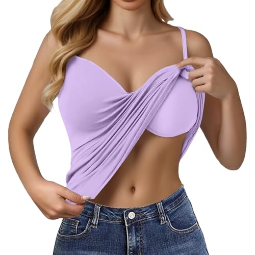Tanktop mit Integriertem BH Damen Sportshirt mit Cups Verstellbarer Unterhemden ohne Bügel Tshirt Breiter Riemen Camisole Tank Top Basic Top V-Ausschnitt Trägertop Slim Fit Shirts Cami Unterhemd von Chanpning