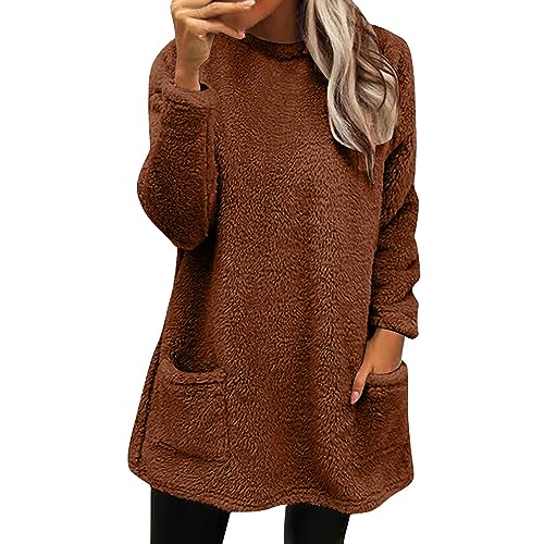 Teddy Fleece Pullover Damen Mini Streetwear Warmes Sweatshirt Freizeit Sweatshirt-Kleid Lässige Shirtkleid Winter Winterpullover Fledermaus Longpulli Dickes Minikleider Rundhals Rollkragenpullover von Chanpning