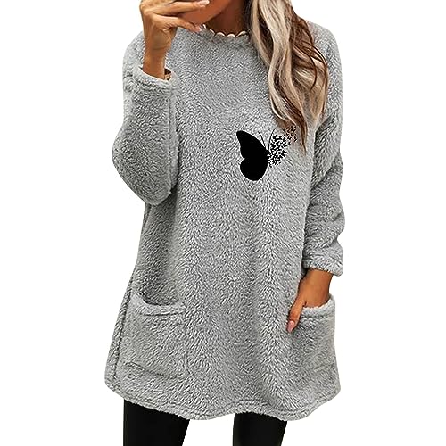 Teddy Pullover Damen Slim Fit Shirt Große Größe Minikleider Langen Ärmeln Bekleidung Dickes Zopfpullover Einfarbig Tops Schöne Schlupfjacke Oversize Dress Fleece Damenpullover von Chanpning