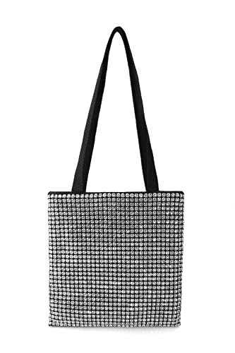 Chanrekenti Kristall-Strass-Umhängetaschen für Damen, glitzernd, Mini-Griff oben, Handtasche, Kette, Netz-Clutch für Party (Tote-Silver) von Chanrekenti