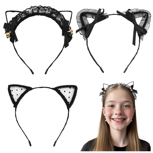 Chanseen 3 x schwarze Spitze Katzenohren Stirnband Katze Haarschmuck Haarband Kopfbedeckung für Frauen Mädchen Halloween Kostüm Party Cosplay Alltag von Chanseen