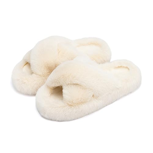 Chantomoo Damen-Hausschuhe Kreuzen Memory-Schaum Haus-und Schlafzimmer-Hausschuhe für Frauen flauschiger Plüsch bequem Kunstfell gefüttert Slide-Schuhe Geschenk,Beige,38/39 EU von Chantomoo