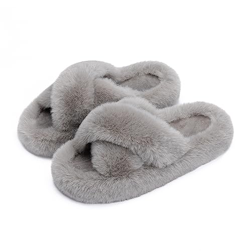 Chantomoo Damen-Hausschuhe Kreuzen Memory-Schaum Haus-und Schlafzimmer-Hausschuhe für Frauen flauschiger Plüsch bequem Kunstfell gefüttert Slide-Schuhe Geschenk,Grau,38/39 EU von Chantomoo