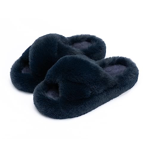 Chantomoo Damen-Hausschuhe Kreuzen Memory-Schaum Haus-und Schlafzimmer-Hausschuhe für Frauen flauschiger Plüsch bequem Kunstfell gefüttert Slide-Schuhe Geschenk,Marineblau,38/39 EU von Chantomoo