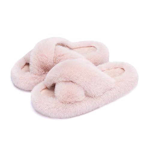 Chantomoo Damen-Hausschuhe Kreuzen Memory-Schaum Haus-und Schlafzimmer-Hausschuhe für Frauen flauschiger Plüsch bequem Kunstfell gefüttert Slide-Schuhe Geschenk,Pink,38/39 EU von Chantomoo