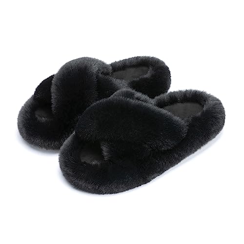 Chantomoo Damen-Hausschuhe Kreuzen Memory-Schaum Haus-und Schlafzimmer-Hausschuhe für Frauen flauschiger Plüsch bequem Kunstfell gefüttert Slide-Schuhe Geschenk,Schwarz,40/41 EU von Chantomoo