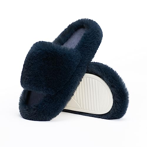Chantomoo Damen-Hausschuhe Memory-Schaum Haus-und Schlafzimmer-Hausschuhe für Frauen flauschiger Plüsch bequem mit Kunstfell gefüttert Slide-Schuhe Geschenk,Marineblau,38/39 EU von Chantomoo