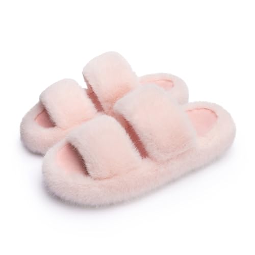 Chantomoo Damen-Hausschuhe Memory-Schaum Hausschuhe für Damen flauschig bequem Kunstfell Hausschuhe pelzig Schlafzimmer Innenbereich offene Zehen zwei Bänder trendiges Geschenk Hellbraun 36 37 EU von Chantomoo