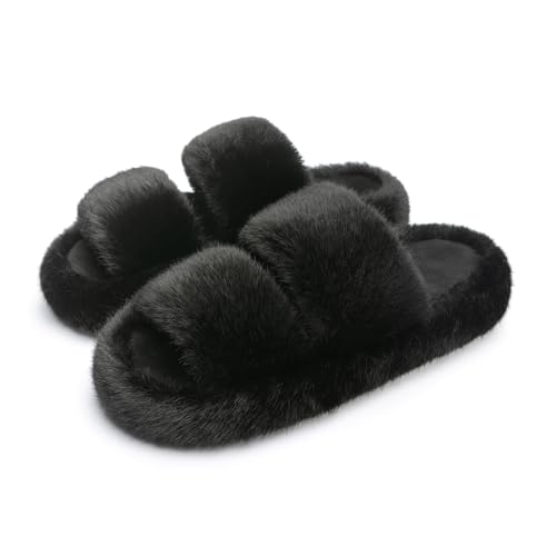 Chantomoo Damen-Hausschuhe Memory-Schaum Hausschuhe für Damen flauschig bequem Kunstfell Hausschuhe pelzig Schlafzimmer Innenbereich offene Zehen zwei Bänder trendiges Geschenk Schwarz,36 37 EU von Chantomoo
