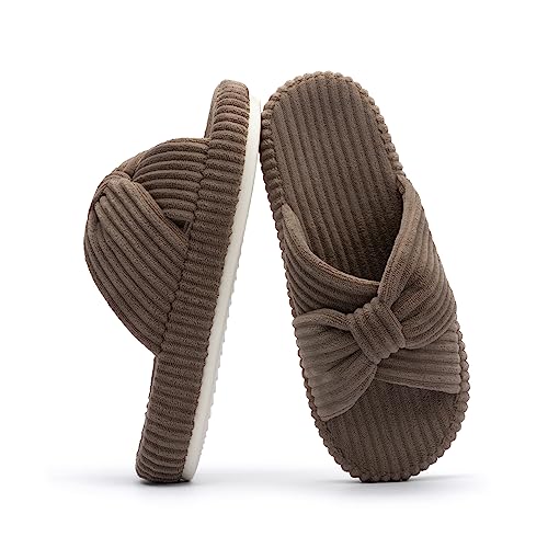 Chantomoo Hausschuhe für Frauen Memory Foam Haus Schlafzimmer Cord Schleife Crossbands Slide Slipper Schuhe Bequem Trendy Geschenk Hausschuhe, Braun, 40/41 EU von Chantomoo