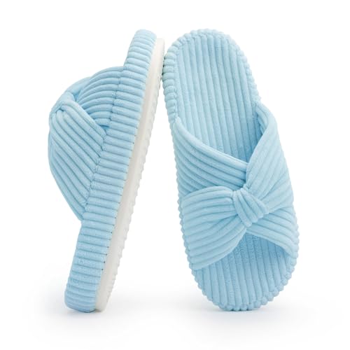 Chantomoo Hausschuhe für Frauen Memory Foam Haus Schlafzimmer Cord Schleife Crossbands Slide Slipper Schuhe Bequem Trendy Geschenk Hausschuhe, Hellblau, 36/37 EU von Chantomoo
