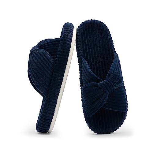 Chantomoo Hausschuhe für Frauen Memory Foam Haus Schlafzimmer Cord Schleife Crossbands Slide Slipper Schuhe Bequem Trendy Geschenk Hausschuhe, Marineblau, 40/41 EU von Chantomoo