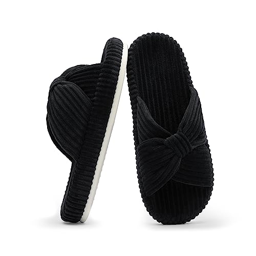 Chantomoo Hausschuhe für Frauen Memory Foam Haus Schlafzimmer Cord Schleife Crossbands Slide Slipper Schuhe Bequem Trendy Geschenk Hausschuhe, Schwarz, 40/41 EU von Chantomoo