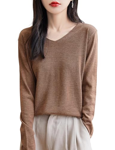 Chanyarn 100% Merino Wolle Shirt Damen Basisschicht V-Ausschnitt Langarm für Reisen Wandern T-Shirt Unterwäsche Oberteil (Karamell,L) von Chanyarn