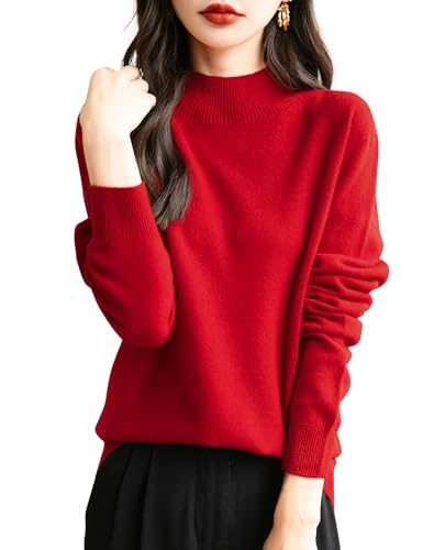 Chanyarn 100% Merinowolle Pullover Damen Winter Stehkragen First-Line Ready to Wear Langarm nahtlosem Strickpullover (Rot,XXL) von Chanyarn